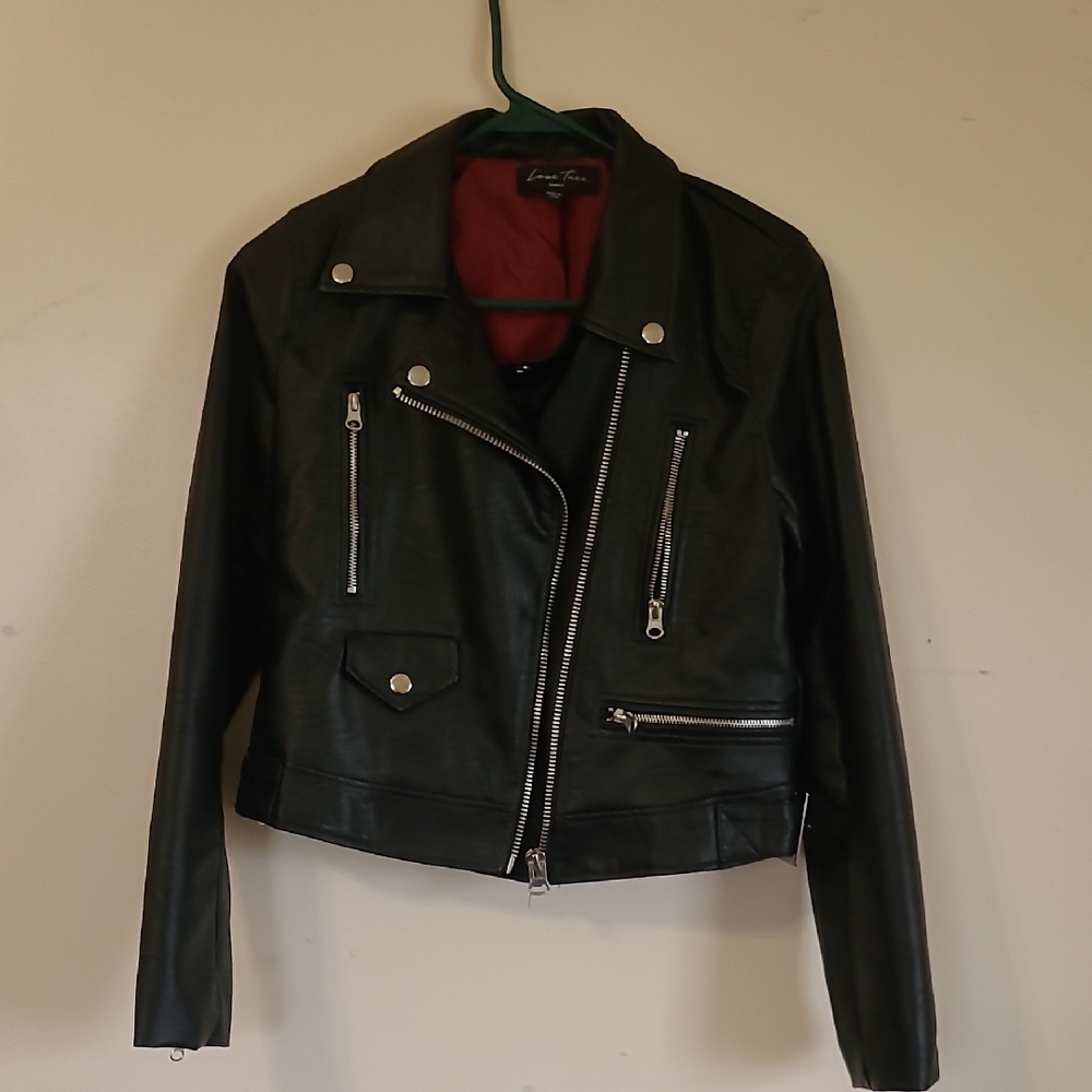 Love Tree Black Leather Jacket with Silver Accents